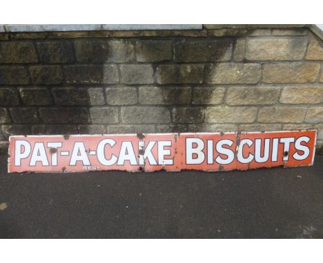 A Pat-a-cake Biscuits rectangular enamel sign, 96 x 12".