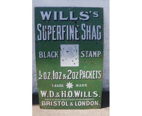 A Wills's Superfine Shag 'Black Stamp' part pictorial enamel sign, 30 x 48".