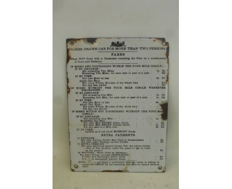 A small Horse Drawn Cab enamel 'fare' chart sign, 6 1/2 x 9".
