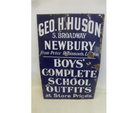 A Geo. H. Hudson of Newbury 'Boys' Complete School Outfits' rectangular enamel sign, 26 x 40".