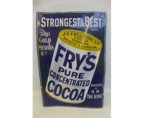 A Fry's Pure Concentrated Cocoa part pictorial rectangular enamel sign by Patent Enamel, with some older amateur restoration,