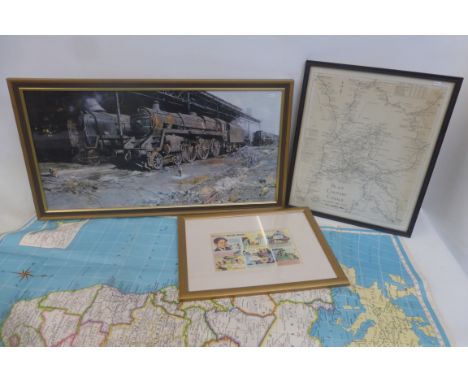 A David Shepherd railway print, a framed and glazed map of the Black Country Canals, a framed and glazed cartoon extract titl