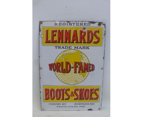 A 'Lennards World-Famed Boots & Shoes' rectangular enamel sign, in very good condition, 13 1/2 x 19 1/2". 