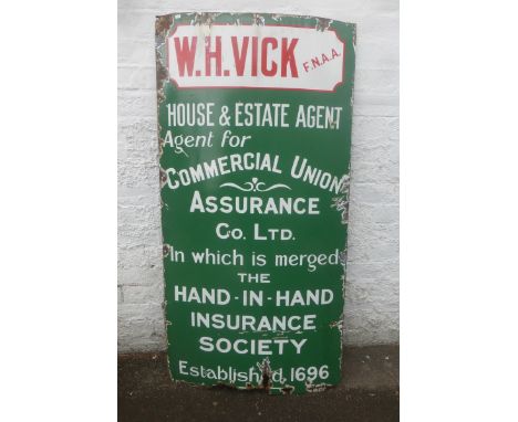 A W.H.Vick House & Estate Agent enamel sign 'Agent for Commercial Union Assurance Co. Ltd, 27 1/2 x 54".