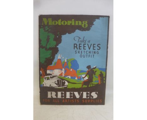 A Reeves sketch book pictorial showcard depicting a pre-war scene of a lady sketching oast houses beside her motorcar, 9 x 12