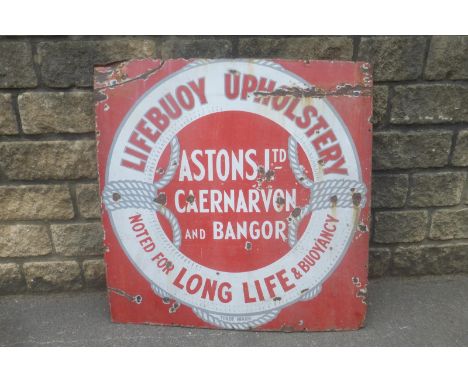 An Astons Ltd of Caernarvon and Bangor Lifebuoy Upholstery enamel sign, 36 x 36".