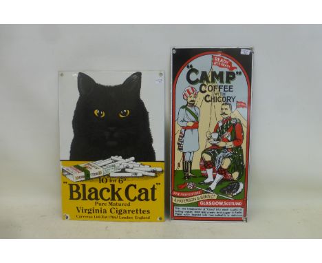A small reproduction Black Cat cigarettes enamel sign, 8 3/4 x 12 1/2" and a reproduction Camp Coffee enamel sign, 6 1/2 x 14