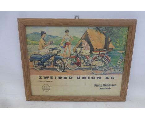 A framed and glazed German pictorial poster advertising scooters and bicycles, Zweirad Union AG, 17 1/2 x 13 1/2". 