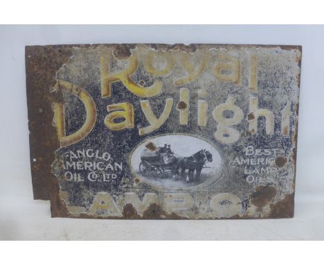 A Royal Daylight Lamp Oil double sided part pictorial enamel sign with flattened hanging flange, 22 1/4 x 14 1/2".