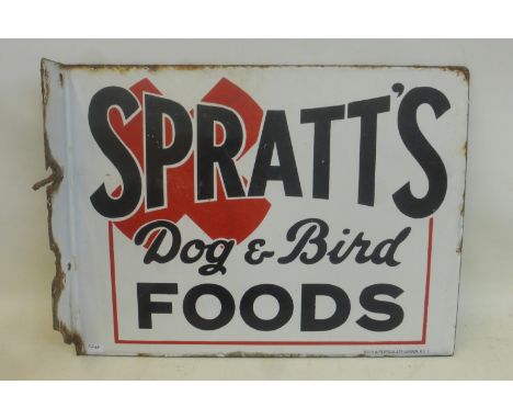 An unusual Spratt's Dog & Bird Foods double sided enamel sign with hanging flange, by Wood & Penfold Ltd, 16 x 12".