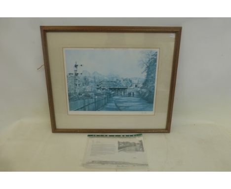 A framed and glazed print of Box station, signed by Jean Bolan, 27 x 22".
