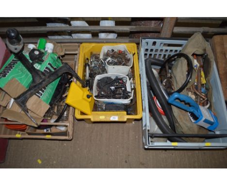 Three plastic crates of various fittings; hand tools; various ceiling compounds etc. 