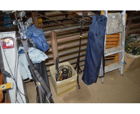 A box containing a small quantity of hand tools; a bird feeder; a plant stand