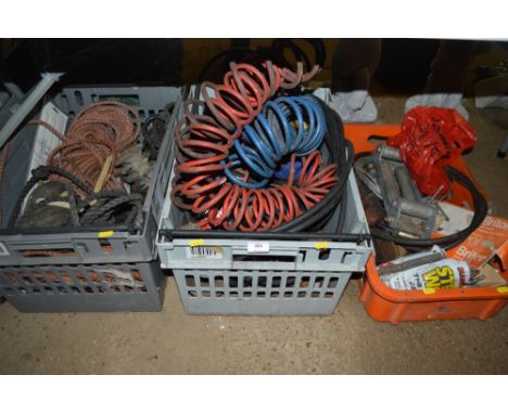 Three plastic crates and various tools, rope, pullies etc. 