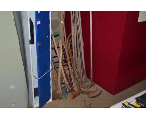 A large quantity of long handle gardening tools