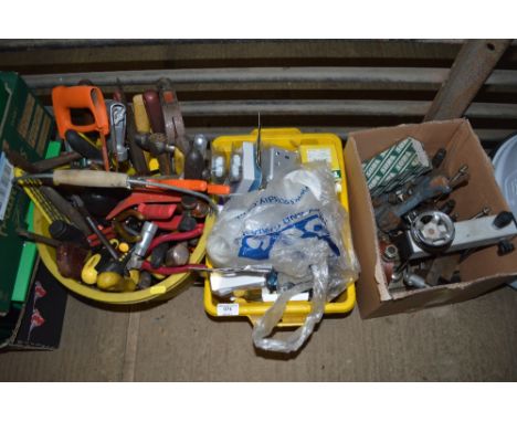 A bucket, a plastic crate and a box of various hand tools and fittings 