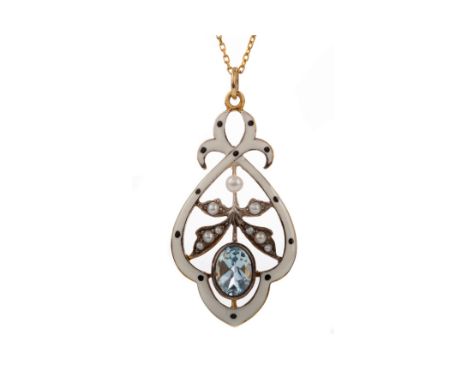 TOPAZ, PEARL AND ENAMEL PENDANT, the openwork pendant set with an oval faceted topaz flanked by seed pearls within a black an