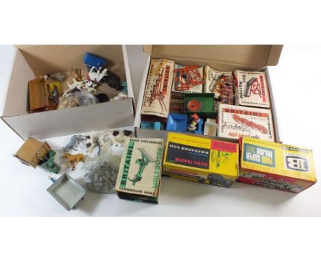 A group of Britains farm equipment - mostly boxed including Diesel Tractor 9525, Super Major 5000, Motocart, Mule dozer, Disc