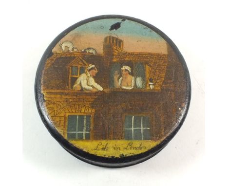 A Victorian circular lacquer snuff box printed and painted saucy roof top lovers scene, entitled 'Life in London' 