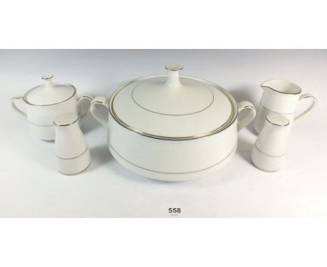 A Noritake dinner service 'Tahoe' No. 2585 comprising:- twelve tea cups and saucers, milk jug, sugar bowl, lidded tureen, two