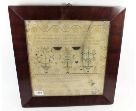 An embriodered sampler dated 1886, 30cm sq.