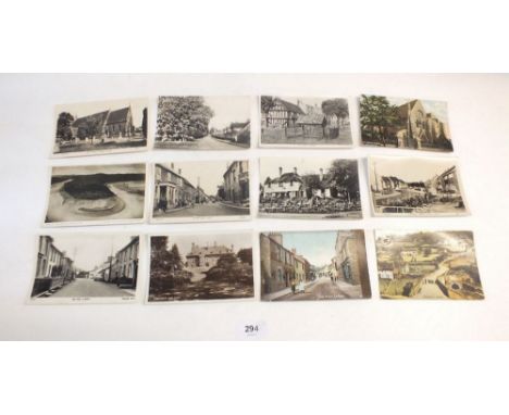 Postcards: accum with topo including some 'localish' e.g. Pillowell, Calne etc. topo art by A R Quinton, embroidered silks (4