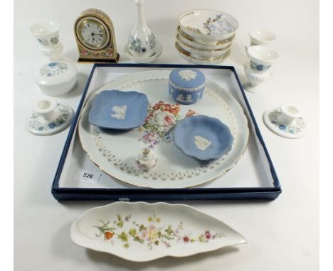 A Royal Worcester cake stand, boxed and various porcelain ornaments including Wedgwood, Jasperware clock etc. 