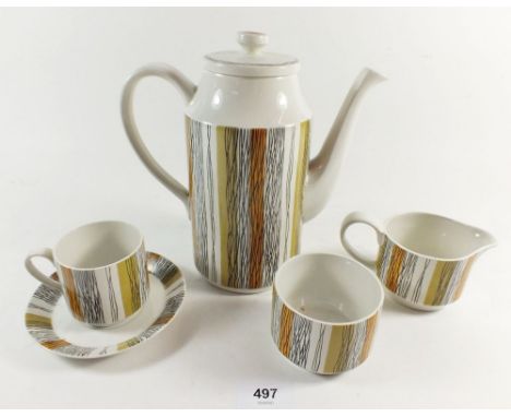 A Midwinter 1960's coffee service comprising: coffee pot, six cups and saucers, milk and sugar with linear decoration 
