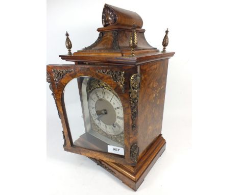 A good quality walnut Lenzkirch mantel clock with shell surmount and gilt metal mounts, 38cm tall 