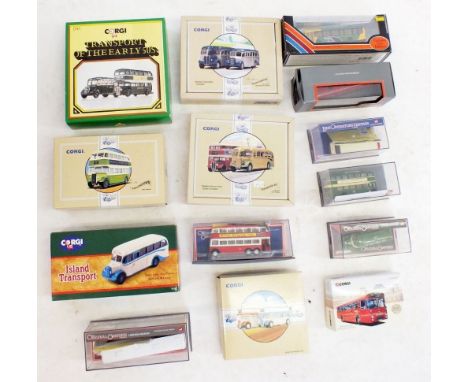 A box of various Corgi buses, boxed including Corgi Commercials- thirteen in total 