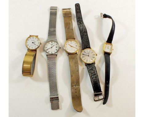 Two gentlemen's mechanical wrist watches by Rotary and Louifrey plus three quartz gentlemen's wrist watches 