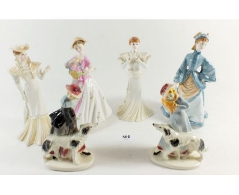 Two Royal Worcester figures, two Coalport figures and a pair of 1930's Art Deco figures with dogs 