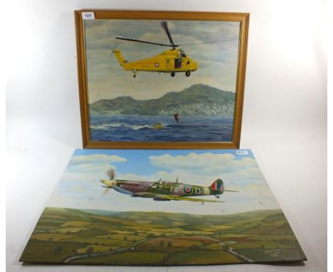 M J Harvey - two oil on artists board helicopter rescue scene and aeroplane, the largest 46 x 61cm 