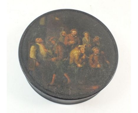 A Victorian circular lacquer snuff box painted tavern scene to lid with thieves stealing a wallet from a drunken man