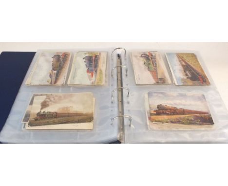 Postcards: display album containing topo, children with M Tarrant including Fairies, M L Attwell, Banforth song cards, railwa