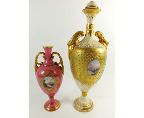 A Coalport vase painted landscape on a pink ground and another Coalport vase painted landscape - a/f 19.5cm 