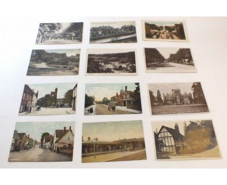 Postcards: Herts topo including Ayot St Lawrence post office (RP), Harpenden railway station (interior) st scenes at Welwyn W