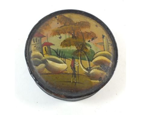 A Victorian papier mache snuff box painted continental landscape 