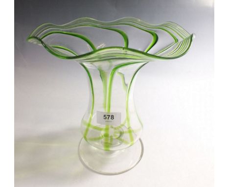 A large green glass vase in the style of Harry Powell with green trailed decoration, 23cm tall 