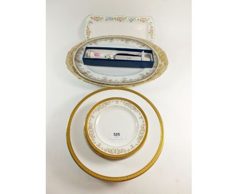 Six Royal Doulton Gold dinner plates, six 'Belmont' tea plates, two Noritake meat plates, Royal Worcester sandwich plate and 