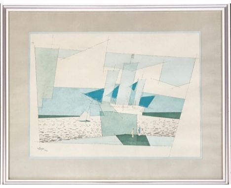 A colour abstract print after Lyonel Feininger, 47x64cm; together with a colour print by Mike Hindle