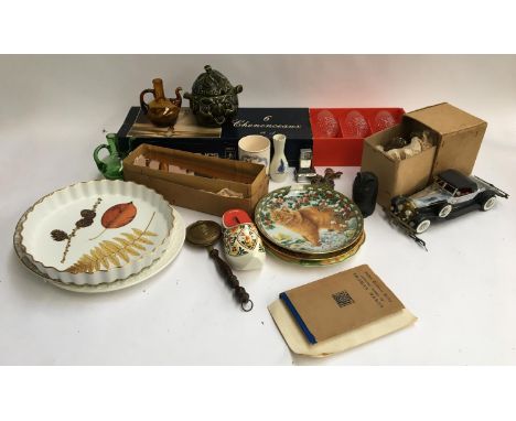 A mixed lot to include six cut crystal wine glasses, vintage door plates and door furniture, desk calendar, filigree butterfl