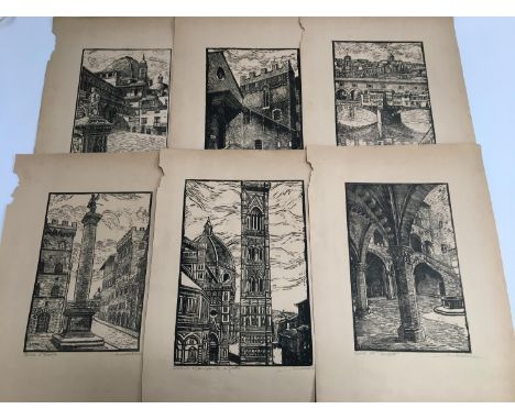 A collection of six French woodblock prints, each titled and signed 'Liviol' lower right 