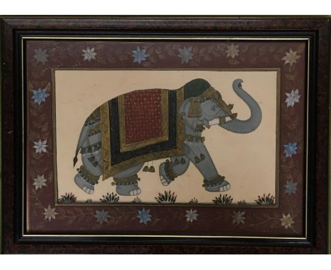 An Indian painting on silk of an Elephant, 23x34cm; together with a print after Tyra Kleen, two ladies dancing, 18x20cm, and 