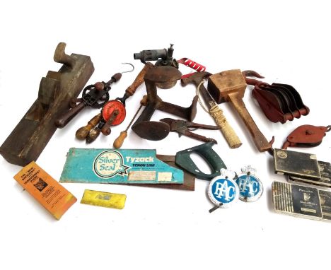 A vintage leather suitcase, containing a quantity of old tools, to include plane, Stanley hand drill, RAC car badge, Tyzack t
