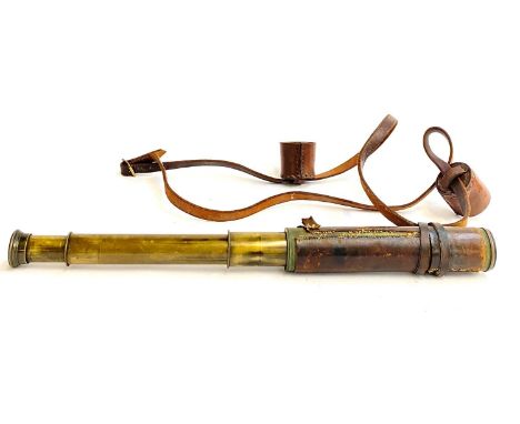 A three drawer brass and leather telescope by Broadhurst &amp; Clarkson, 28cmL in case 
