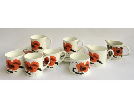 A Susie Cooper for Wedgwood part tea set 'Corn Poppy' design, comprising 5 teacups and saucers, 6 side plates, milk jug and s