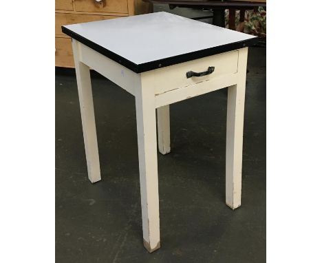 A 20th century side table, white enamel top with single drawer, on square section legs, 51x61x76cm 