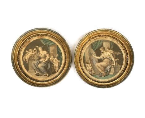 Two colour prints after R.S Marcaurd (1751-1792), set within circular giltwood frames, each 19cmD 