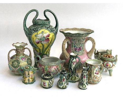 A lot of Noritake porcelain, with floral design and textured enamel detail, some repairs (12)